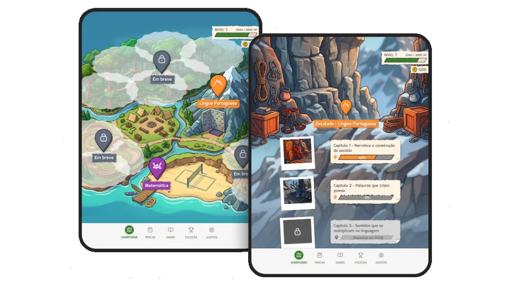 Telas do Cronix em tablets: mapa da jornada e trilha de capítulos