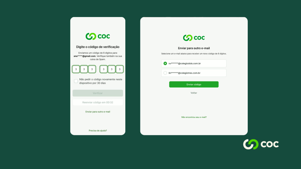 Telas de código de verificação com opção de dispositivo confiável e escolha de e-mail.