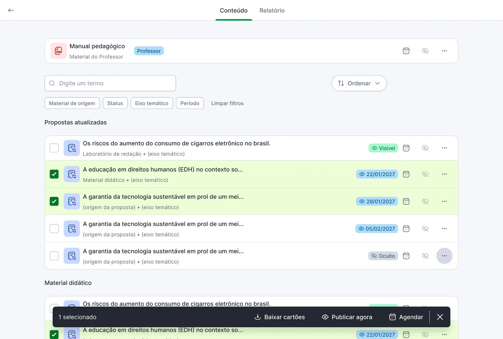Painel do Laboratório de Redação COC com propostas e agendamentos